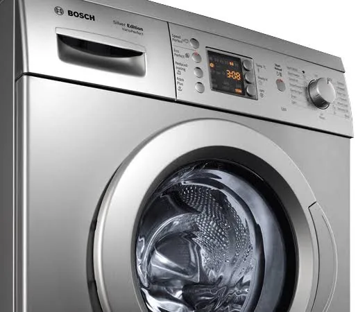 Close-up of a Bosch washing machine door and drum